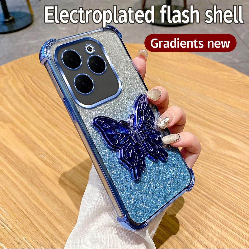 Luxury Plating Shockproof Butterfly Stand Phone Case For Infinix Hot 40 Pro 30 30i 40i 10S NFC 10 Lite 9 Play Glitter Soft Cover