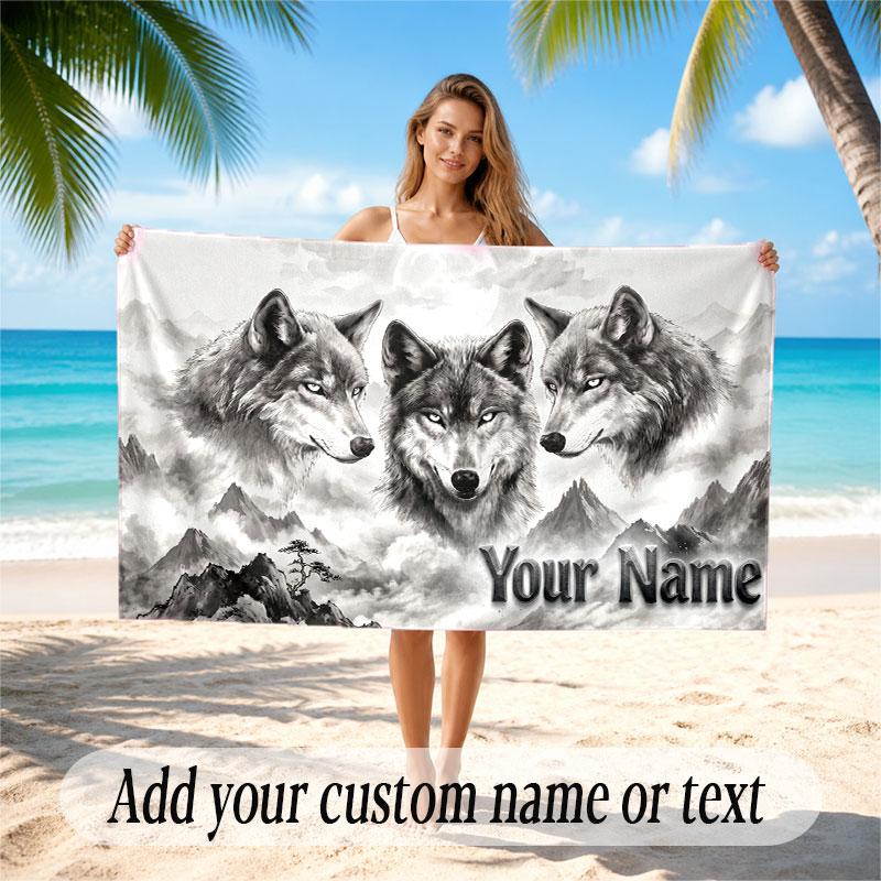 Wolf Theme Beach Towel Personalized Custom Name & Text Soft Quick Dry Beach Towel for Swimming Travel