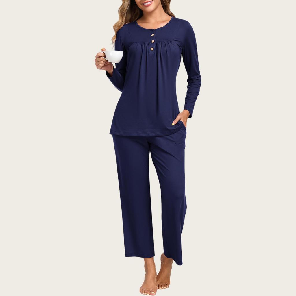 European & American Women's Fashion: Autumn 2025 2-Piece Pajama Set – Casual Long Sleeve Top & Pants with Pockets