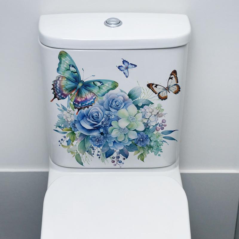 Hand Painted Blue Rose Butterfly Wall Stickers for Bedroom Door Decor and Suitcase Creative Decals for Girls Room