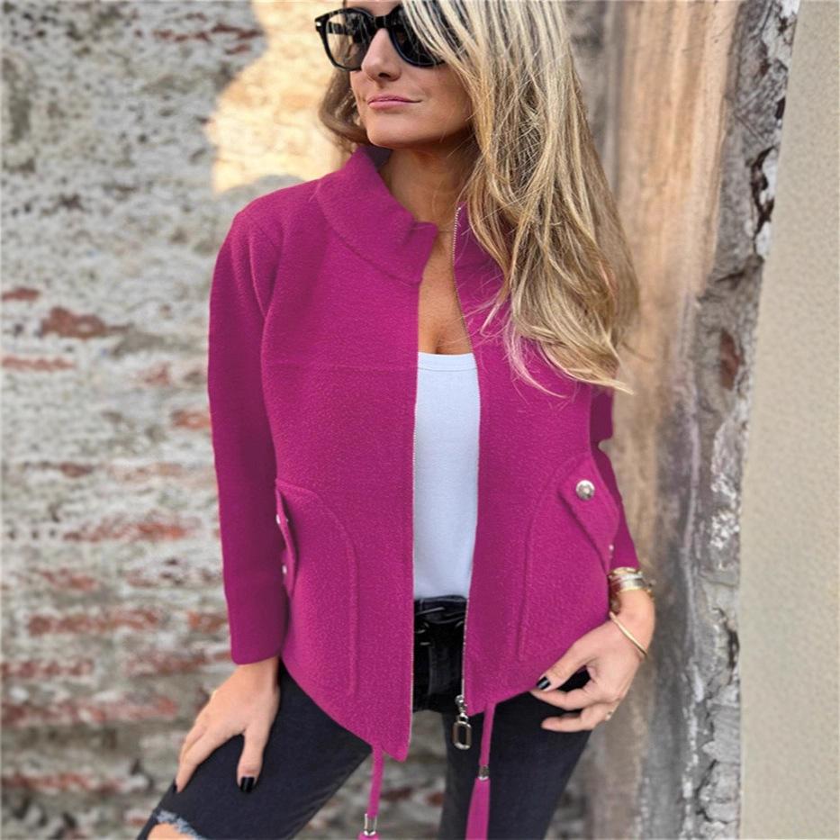Women's Grey Stand Collar Short Jacket with Multiple Color Options