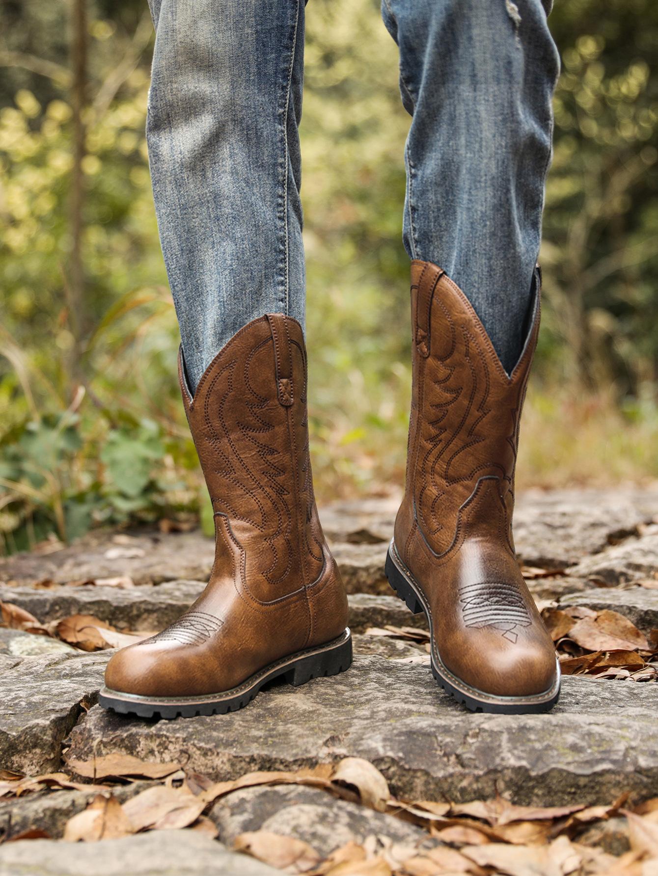 

6091 элемент большого дерева ковбойские сапоги в западном стиле, вышивка ручной работы, ретро мужские сапоги, высокое голенище, быстрая доставка со склада 48 темно-коричневого