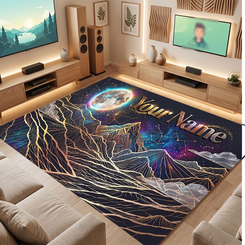 Space Cosmic Theme Crystal Velvet Floor Rug Personalized Custom Name Text Warm Carpet Home Decoration