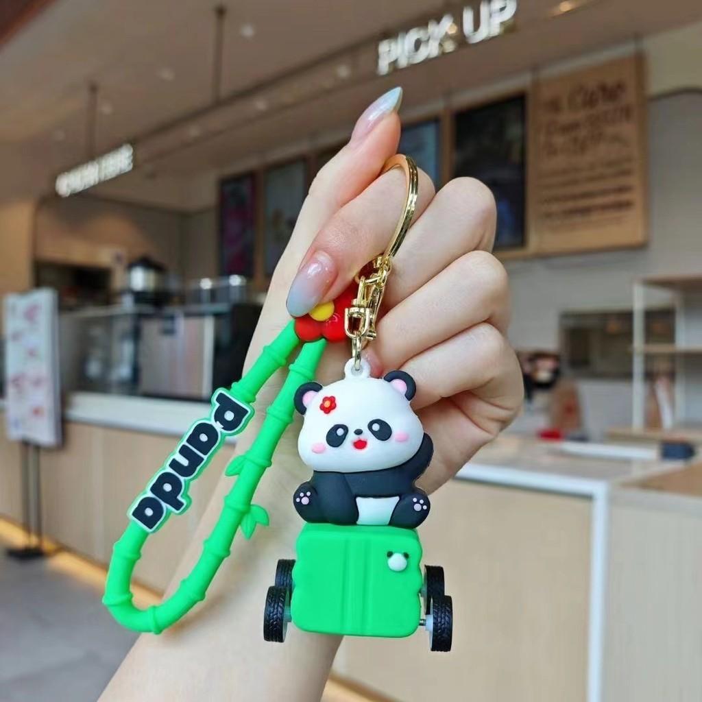 

Cartoon Panda Adorable Keychain With Windup Car For Backpack Decoration Up