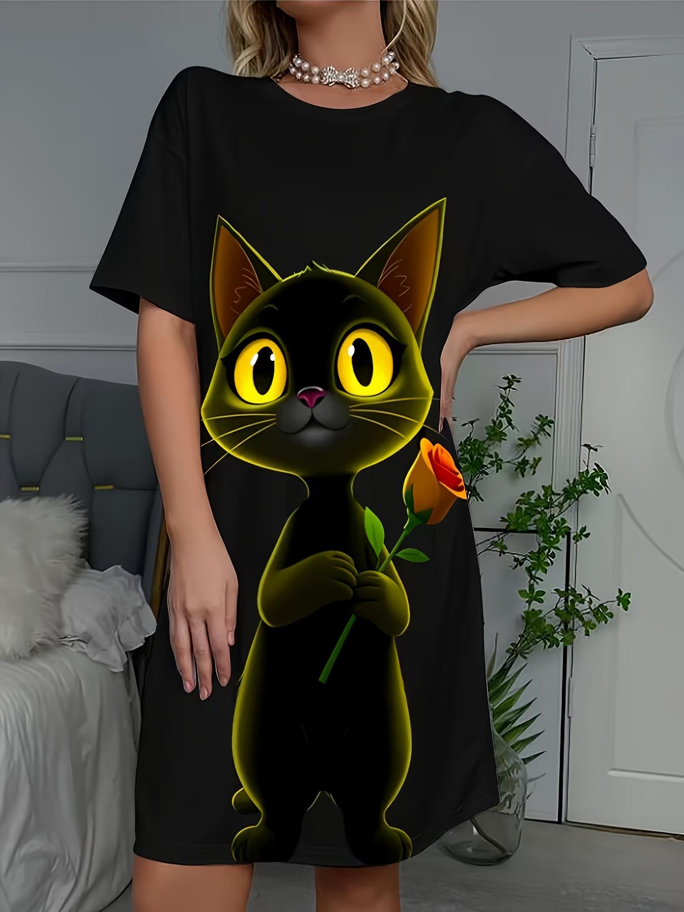 

New Women S Fun Cat Rose Print Nightgown. Soft And Breathable Sleepwear Suitable for All Seasons. Short-Sleeved with a Round Neck. Comfortable And Cas M дубильная кора
