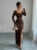 European and American Spring New U-neck Solid Color Slim-fitting and Thin Knitted Long-sleeved Split-ended Dress