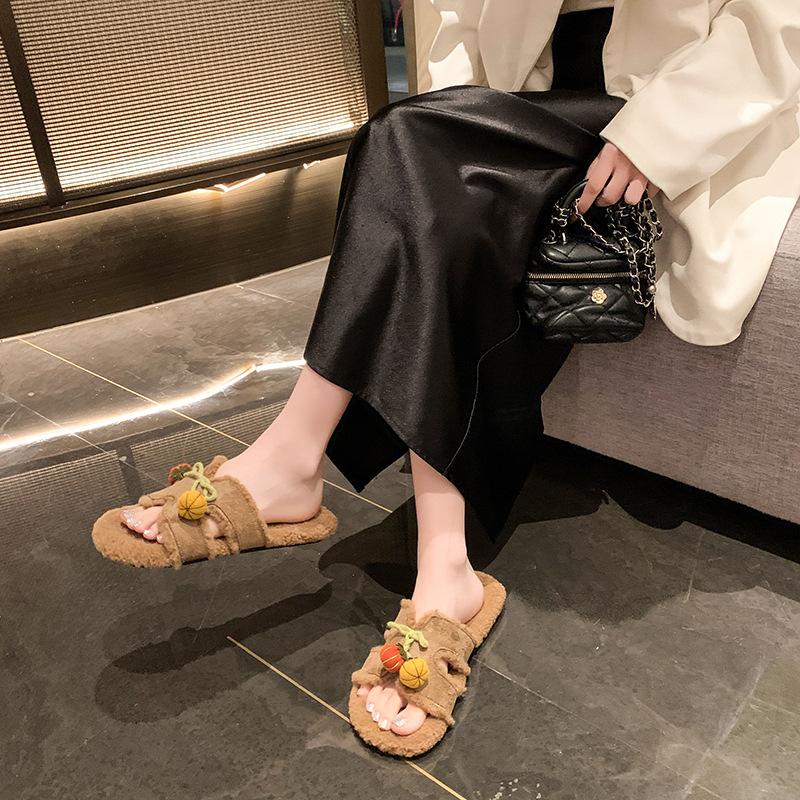 2025 autumn and winter open-toed double one-word with metal buckle Mao Mao shoes flat-soled fashionable versatile soft-soled women's casual slippers