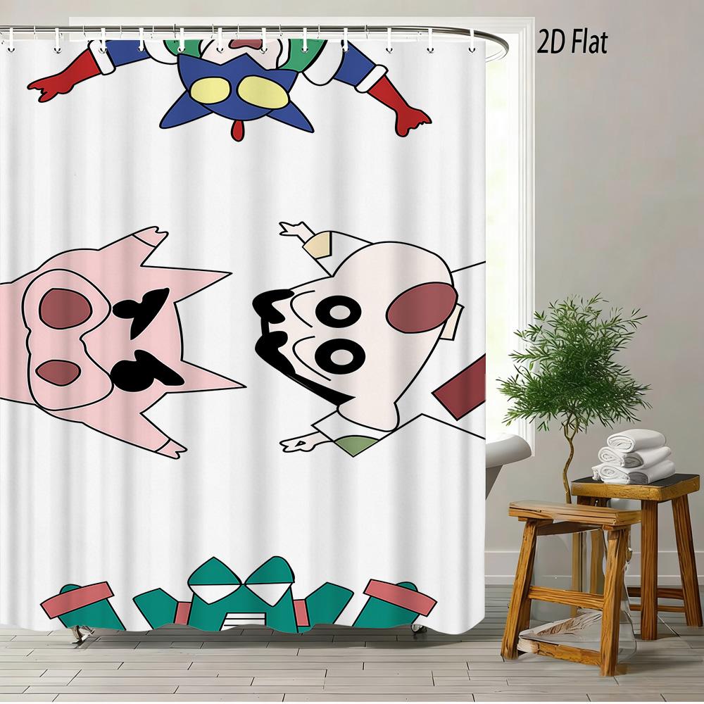 Crayon Shin-Chan & Shiro & Himawari Photo Collage Scene 2D Print Waterproof Shower Curtain, Warm Yellow Checkered With Star Acce