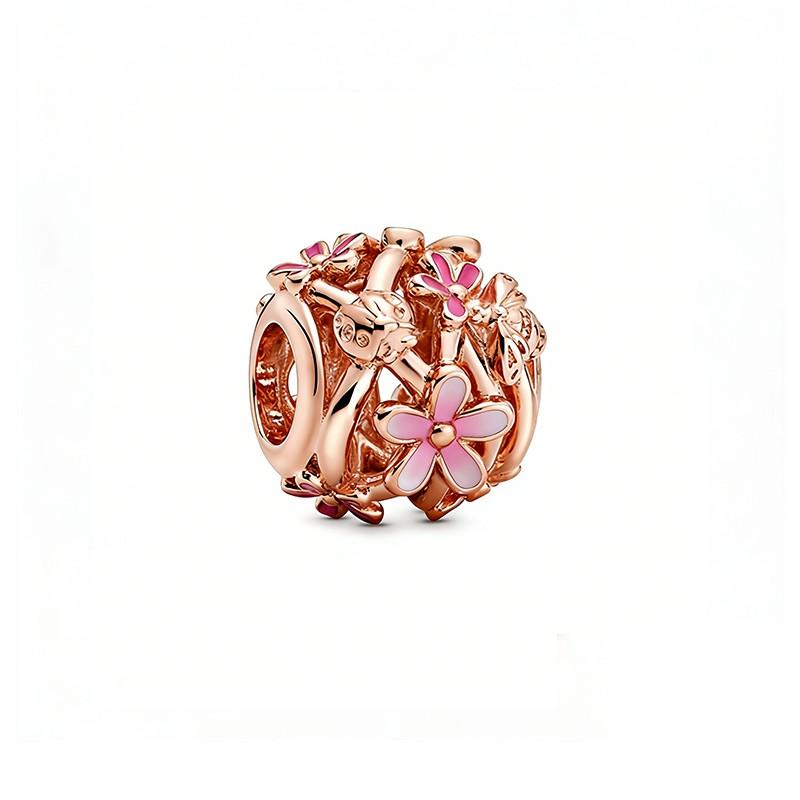 Popular Goods Sparkling Flower Pink And Gold Series Charm Bead Pendant Fit Original Silver Bangle Necklace Jewelry Gift