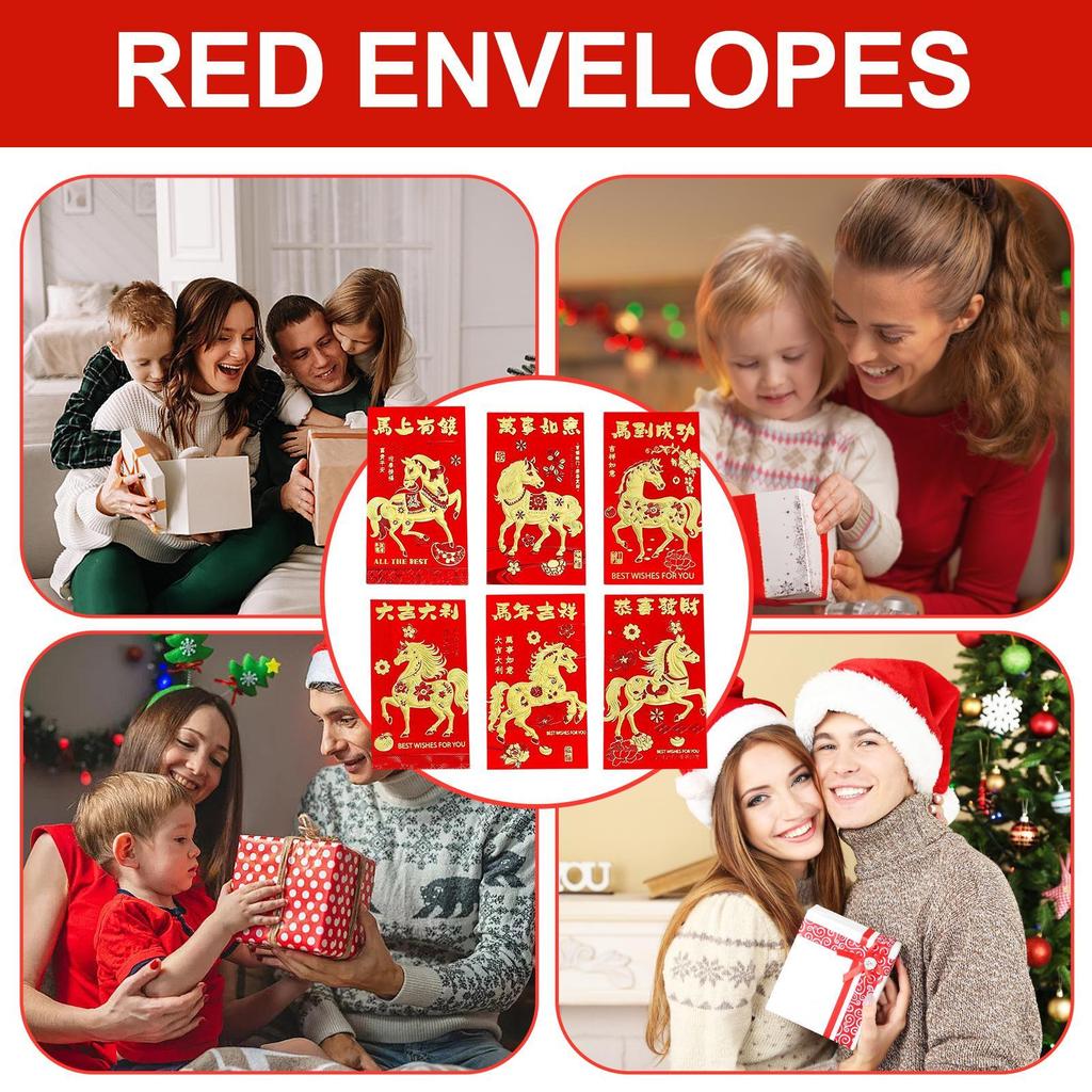 Year of the Horse Red Envelopes 6 Pieces Holiday Party Supplies Spring Festival Red Packets for Event Planners Wedding Birthday