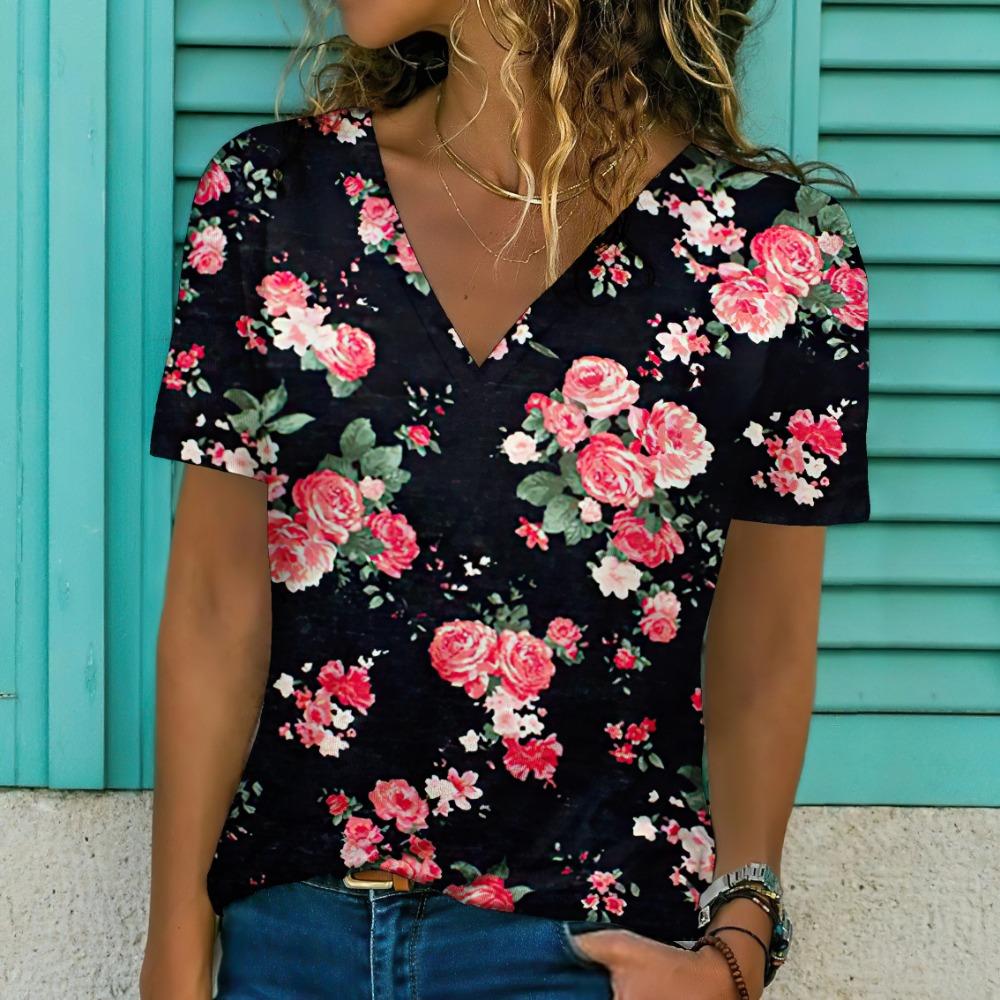 Nowy Damski T-shirt z Nadrukiem Kwiatowym Top Plus Size Odzież Damska Trend Moda Koszulka z Krótkim Rękawem Oversize Bluzka z Dekoltem w Serek