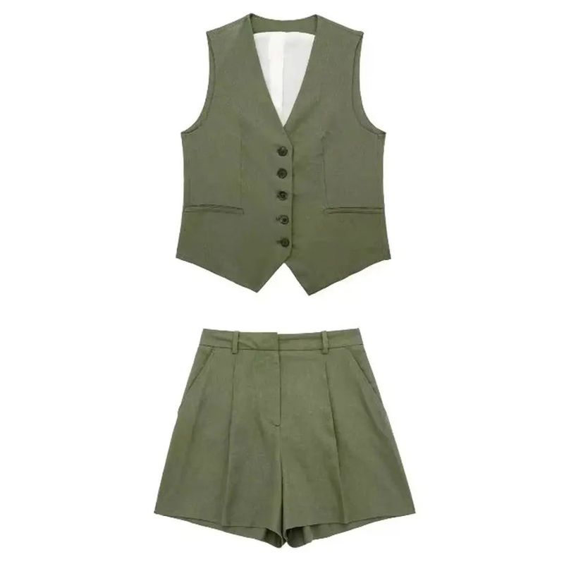 

Casual V-neck Vest Shorts Set Casual V-neck Vest Vest Loose Shorts Suit army green suit L