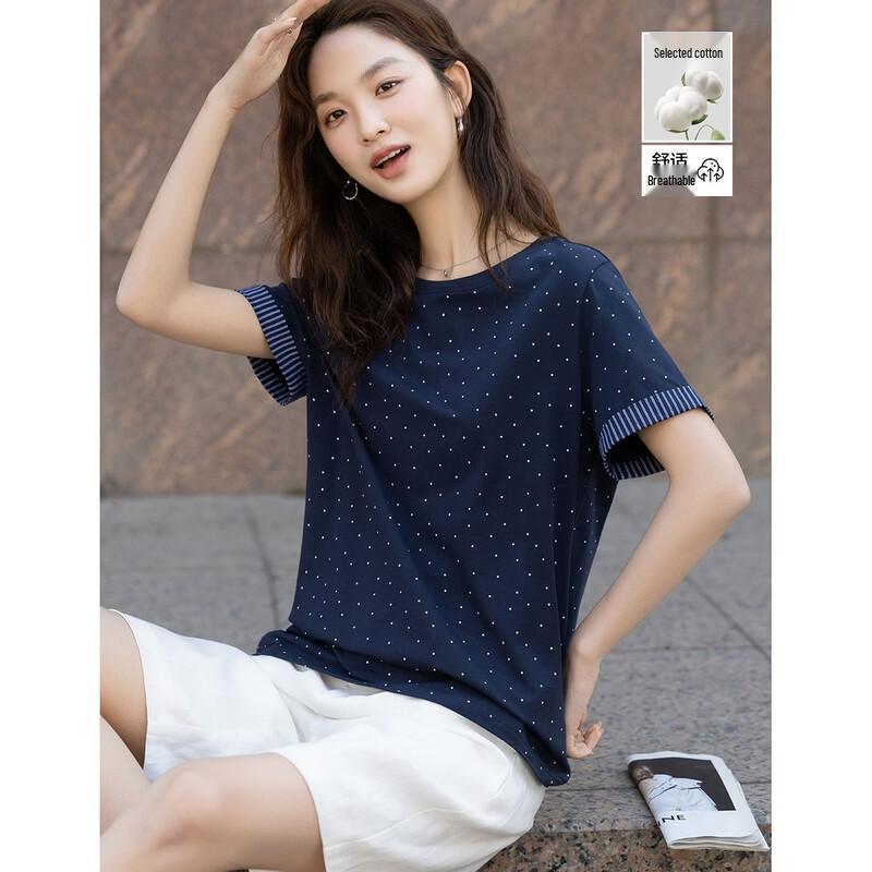 Women s Polka Dot & Stripe Spliced T-Shirt S