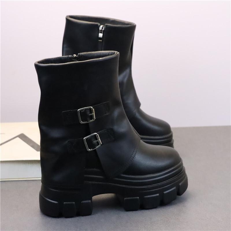 Fashion 12CM Microfiber Leather Autumn Boots Flats Plush Ankle Booties Women Platform Wedge Thick Sole Motorcycle Winter Shoes