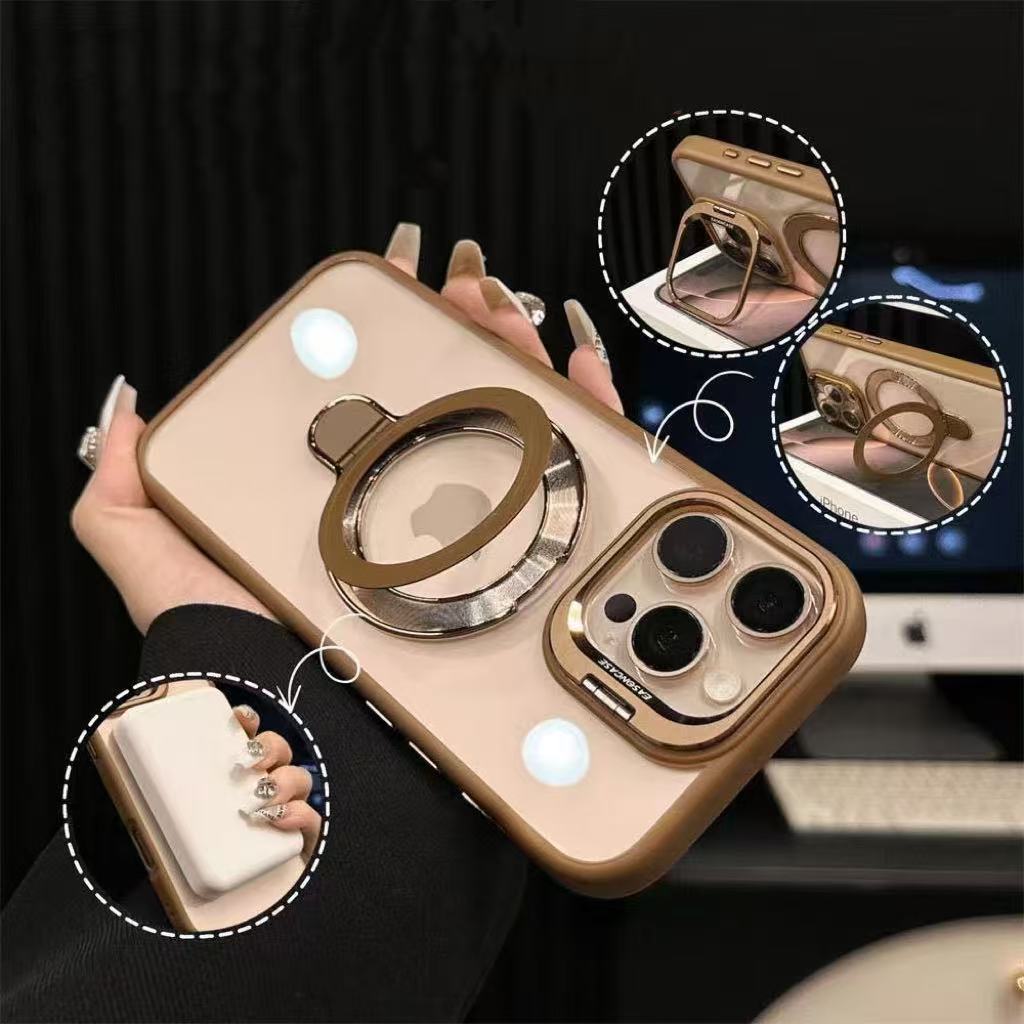 Luxury Ring Magnetic Glass Lens Stand Phone Case for iPhone 17 16 11 13 14 12 15 17 Pro Max Air Magsafe Clear Protect Cover