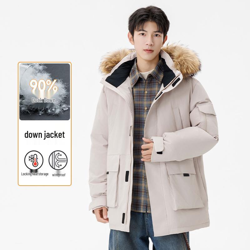 Унисекс Зимняя Парка средней длины с капюшоном и меховым воротником - 90% Белый Утиный Пух 3XL хаки