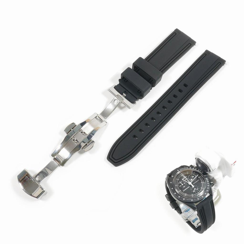 Swatch X Omega Compatible Rubber Strap with Type D-buckle, Double-line (black/black Line)