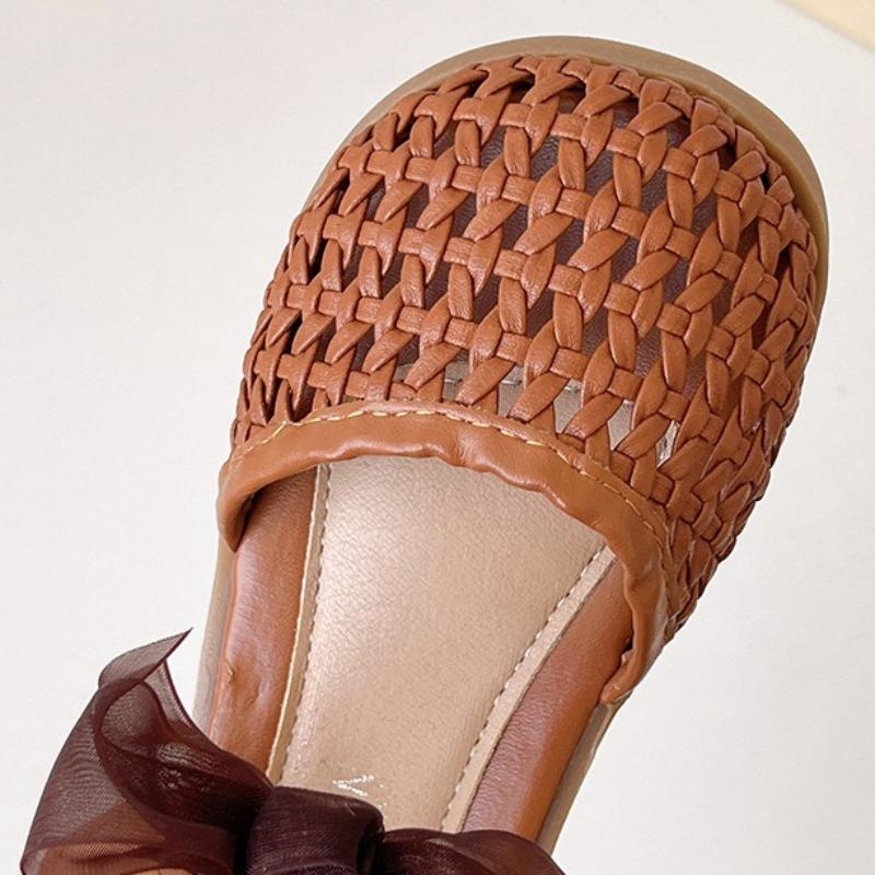 Summer Girls Closed Toe Woven Bird Nest Sandals Hollow Bow Decor Kids Beach Shoes