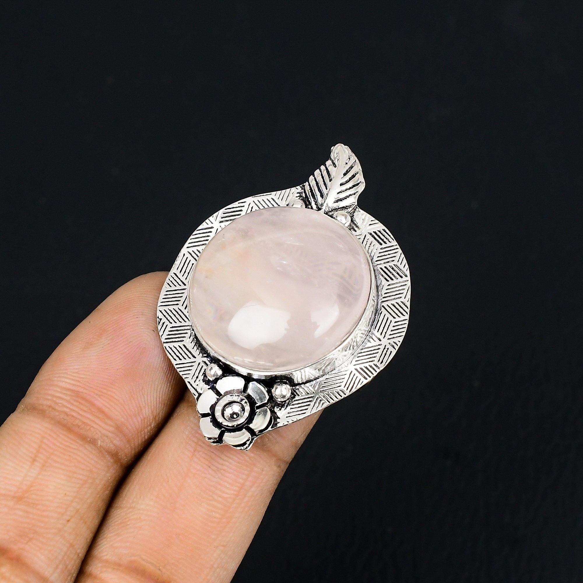 Natural Rose Quartz Gemstone Solitaire Flower Ring Size 7.5 925 Silver For Girls 7.5