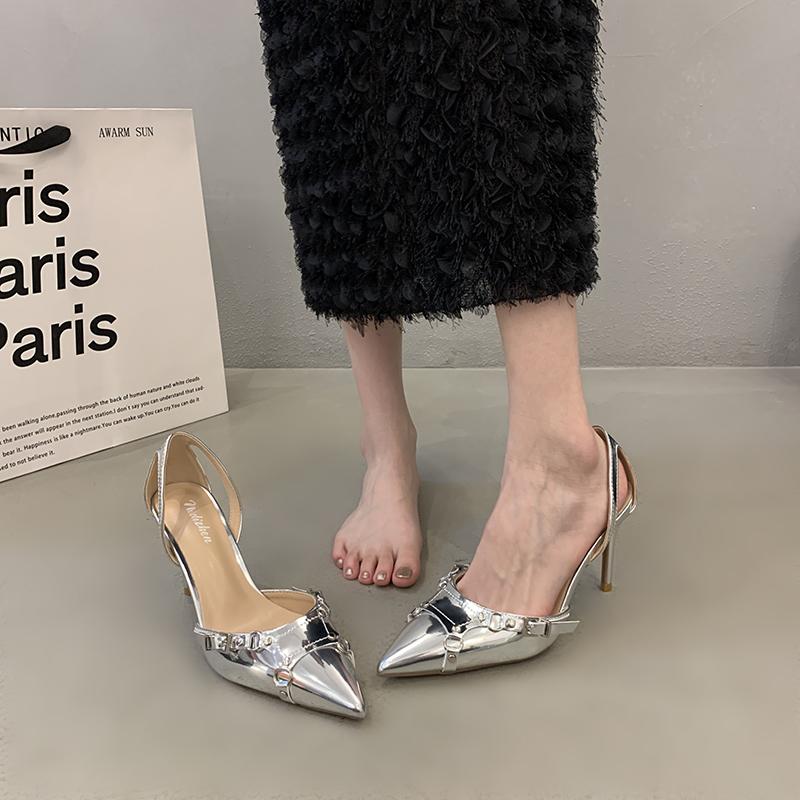 New Style High Heels Sandals Women Summer Punk Goth Pointed Toe Party Shoes Woman Metallic Thin Heeled Dress Pumps Ladies 2025