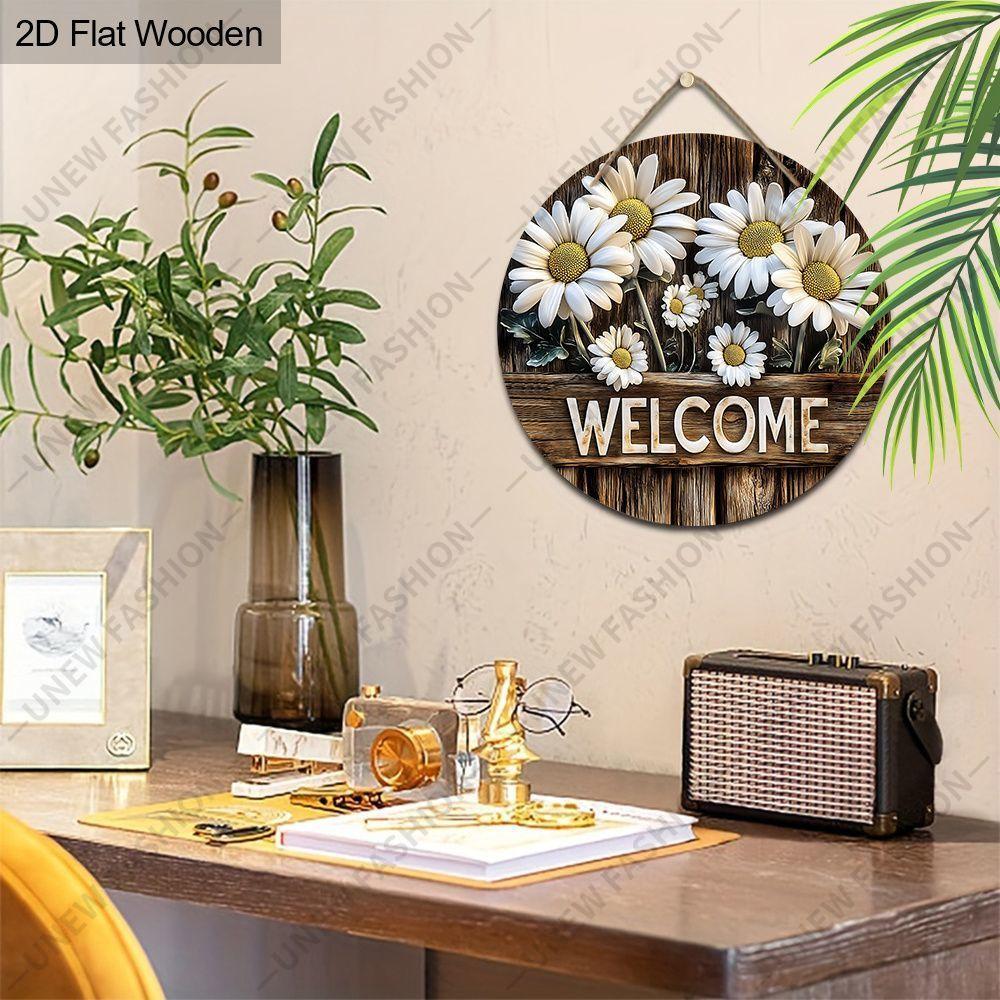 Daisy Welcome Round Wooden Hanging Sign, 2D Flat Printed Wall Door Ornament, Farmhouse Home Porch Decor Gift