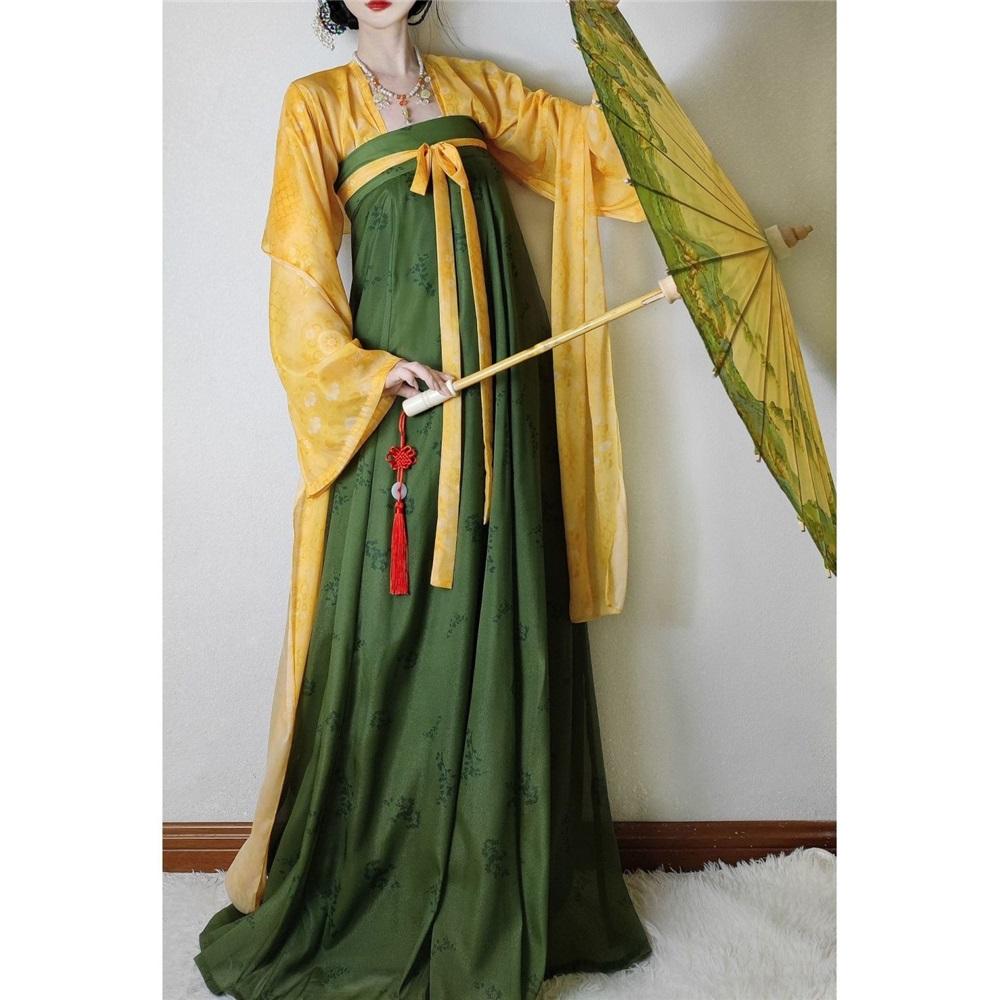 Chinesischer Tang-Dynastie Stil Tägliche Dopamin Chinesisches Kostüm Outfits Retro Einteiler Langes Rock Anzug für Damen
