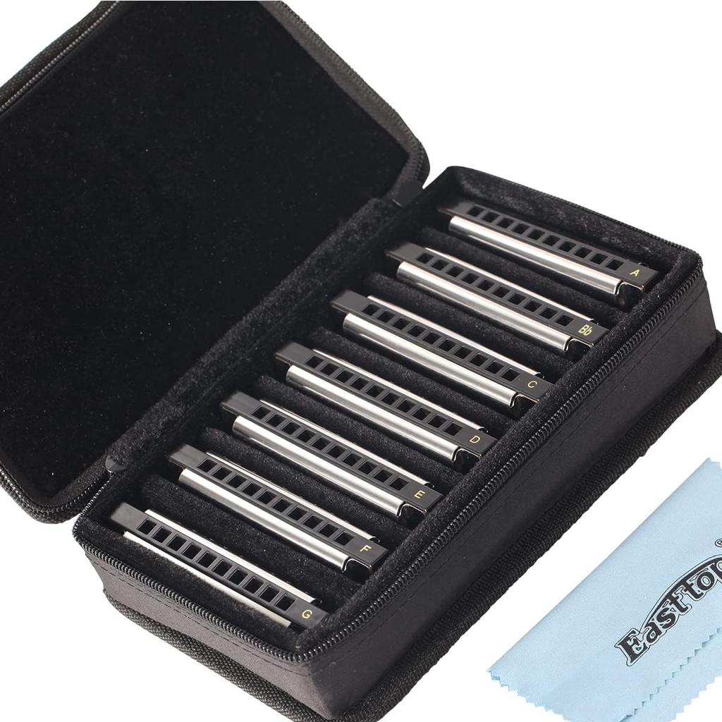 EAST TOP Harmonica Set 7 Tone Bb C D E F 10 Hole Harmonica 10 Holes 20 Tone Stainless Steel Cover ABS Case Clean Cloth Suitable for Learning and