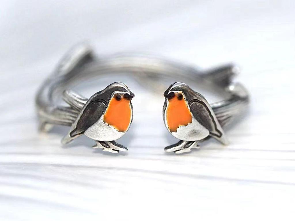 Retro Colorful Drip Oil Bird Necklace & Ring Set
