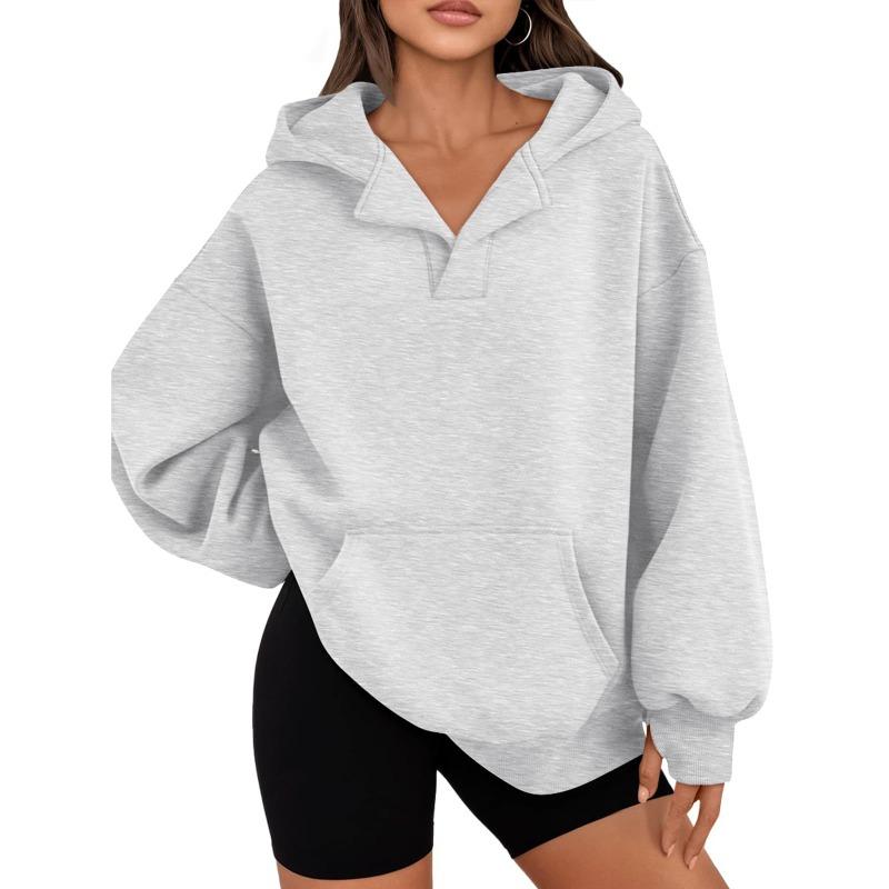 Autumn Winter Loose Casual Solid Color All-match Pullover Hoodies Women Pocket Hooded Sweatshirt Top