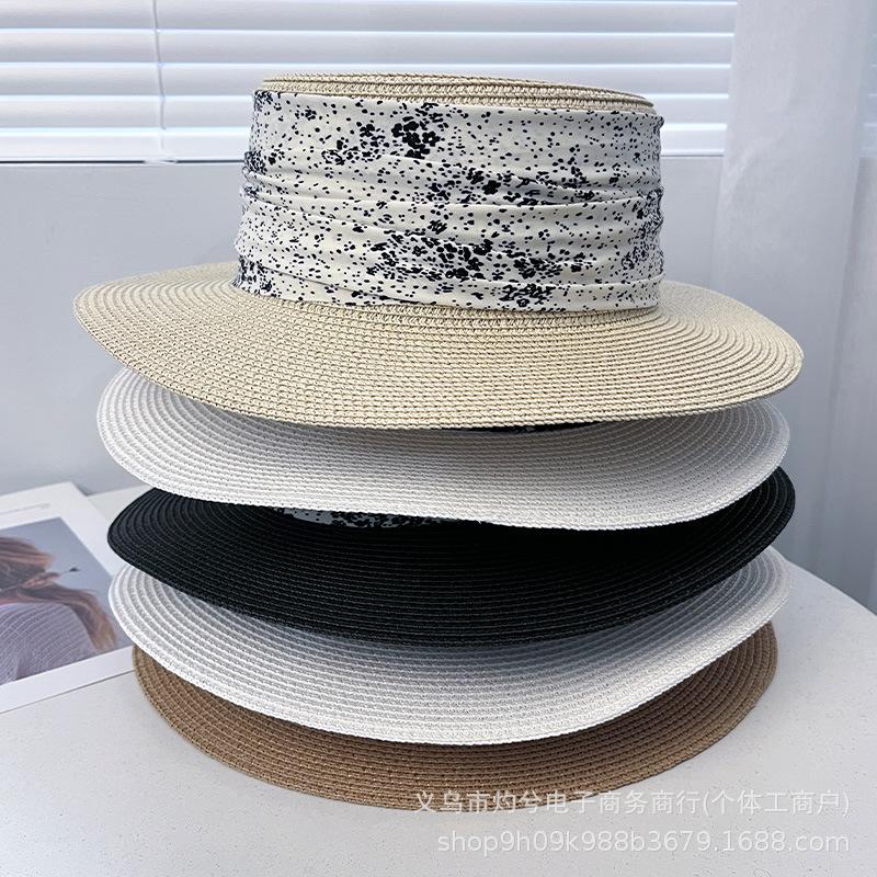 French elegant flat-brimmed straw hat women's spring summer outing beach hat versatile face small sun hat