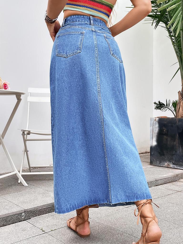 Cross-border Women's European & American Casual High Waist A-line Denim Midi Skirt