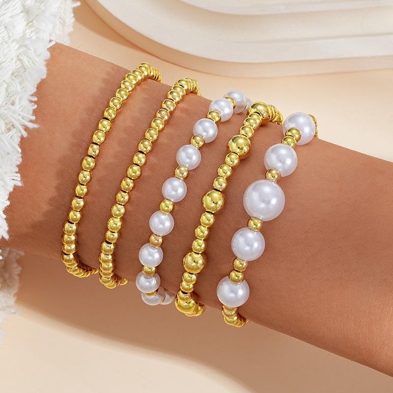 4Pcs/Set Vintage Gold Color Heart Pearl Bowknot Bracelet Set for Women Elegant Beaded Chain Bracelets Bangles Zircon Gifts