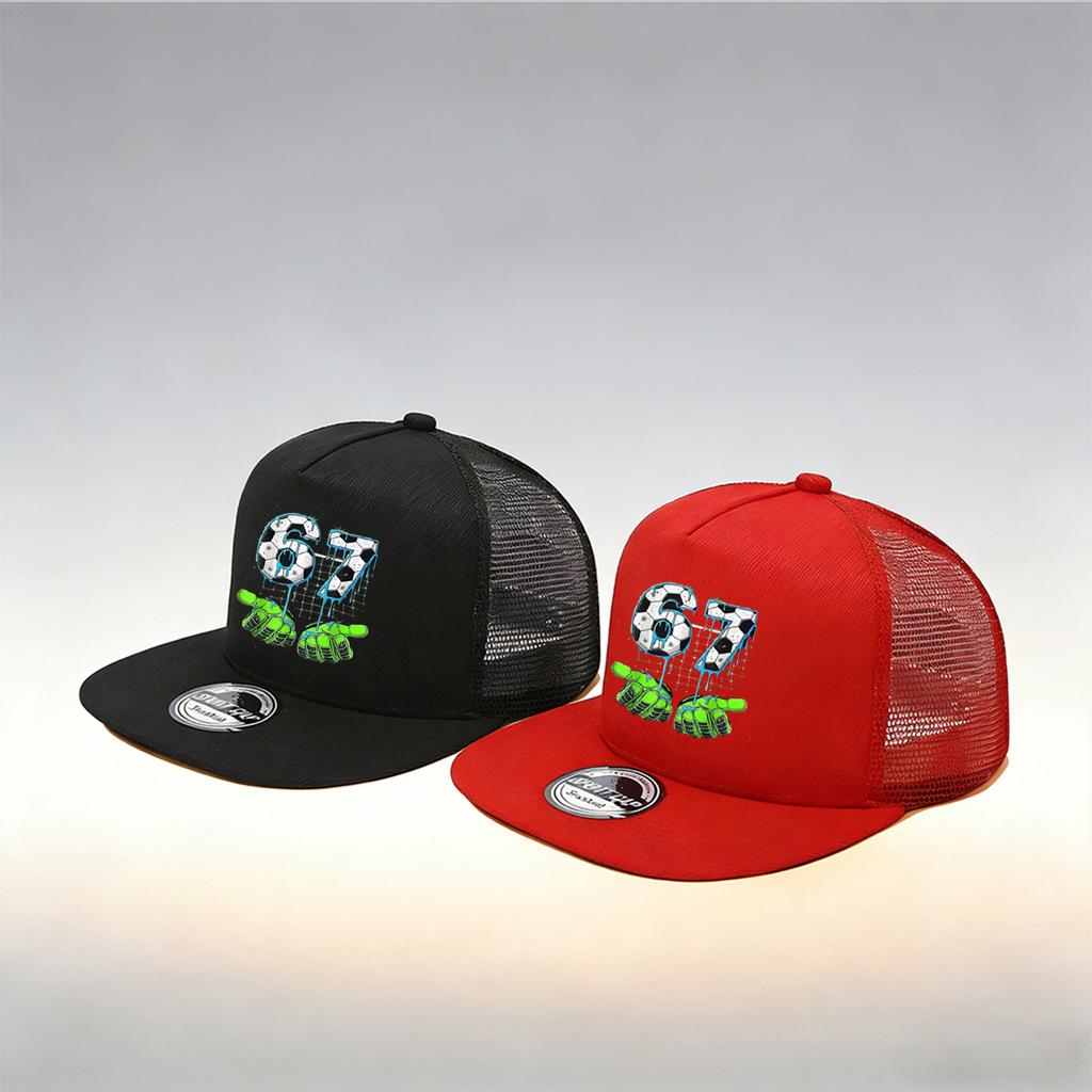 1/2PC Y2KSoccer 67 Flat Brim Trucker Hat, Melting Drip Gloves Print, Breathable Mesh, Sporty Aesthetic Cap