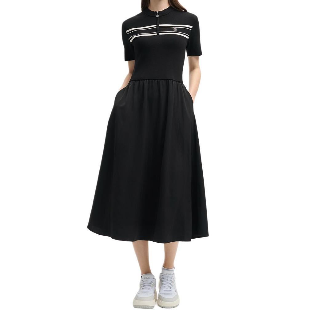 FILA Heritage Series Fashion Casual Comfortable Mid-Length Short Sleeve Dress Women dresses Black F11W528307F-BK