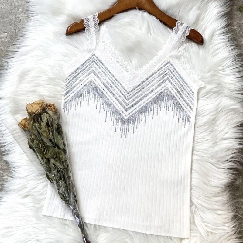 Summer New Lace Rhinestone Camisole Vest Women's Knitted Base Top