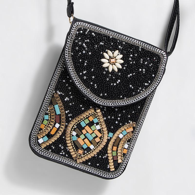 Bohemian Ethnic Shoulder Bag with Rice Beads, Shell Mobile Pocket, Floral PU Design, Women's Crossbody for Travel Photography.