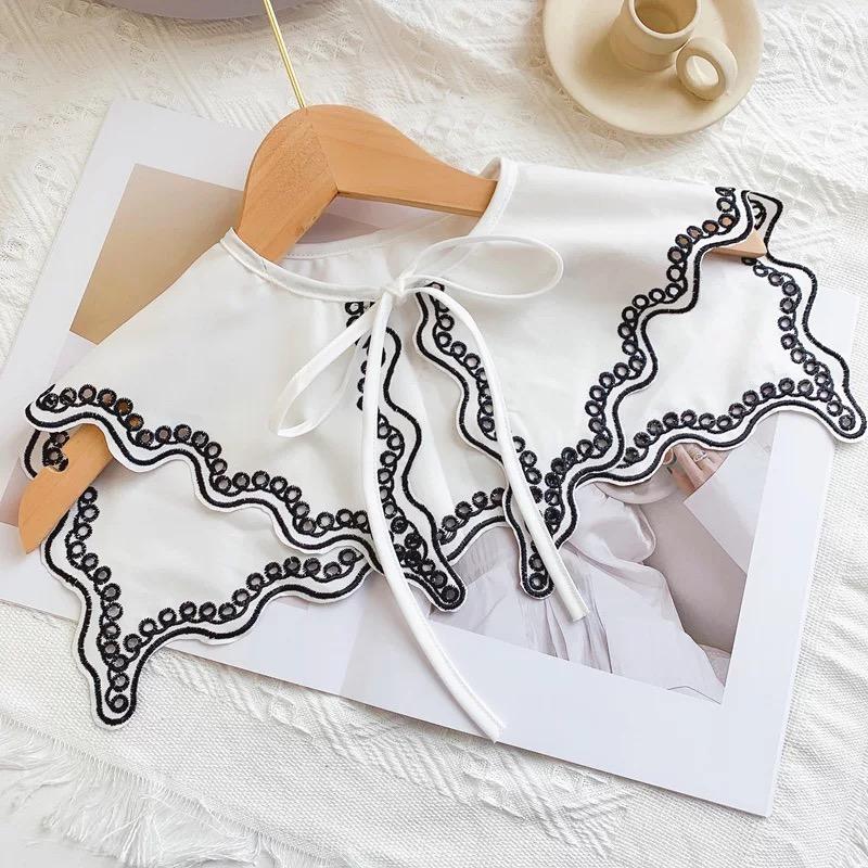 Classic White Detachable Fake Collar Shirt Fake Tie Vintage Embroidered Women Elegant Dress Women Tied Overhead Cotton Shawl