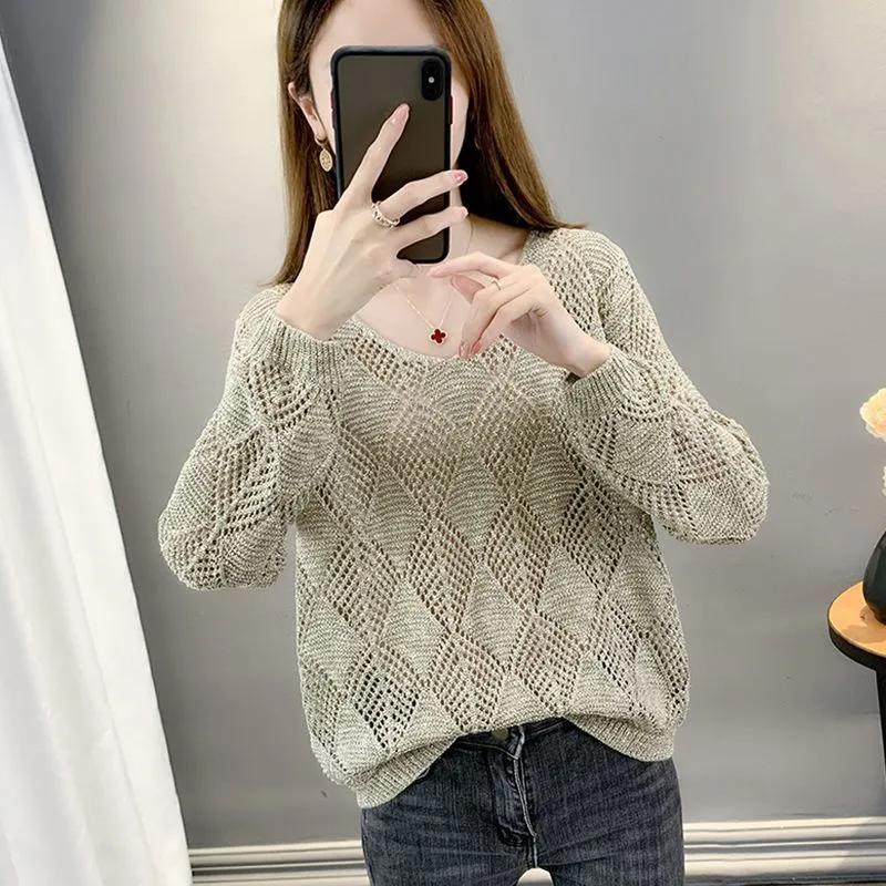 

Женский весенне-летний топ свободного кроя с V-образным вырезом и длинным рукавом, ажурный, тонкий пуловер, вязаный базовый свитер 3XL бежевый