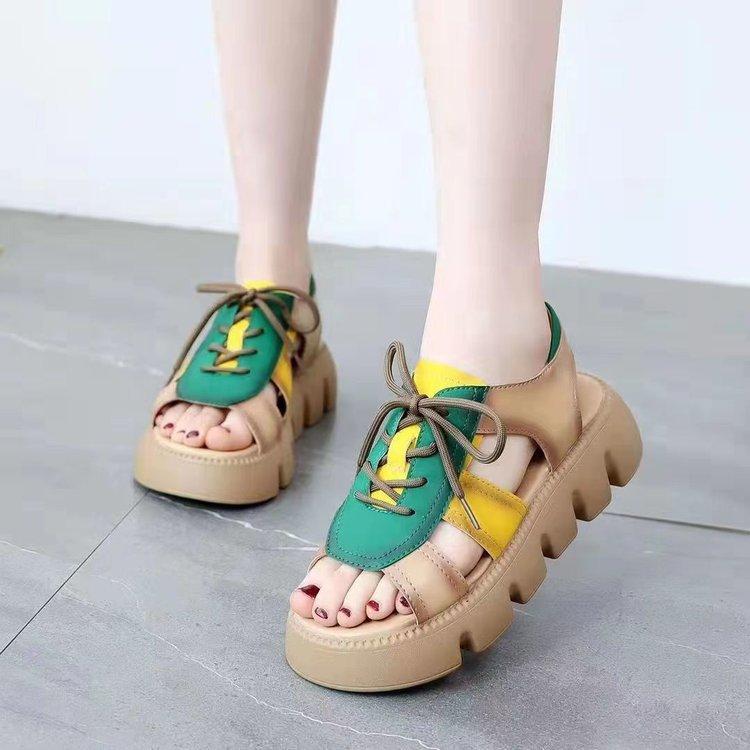 Women Leather Thick Soles Sandals Retro Wedges Slides Comfortable Outdoor Platform Sandal
