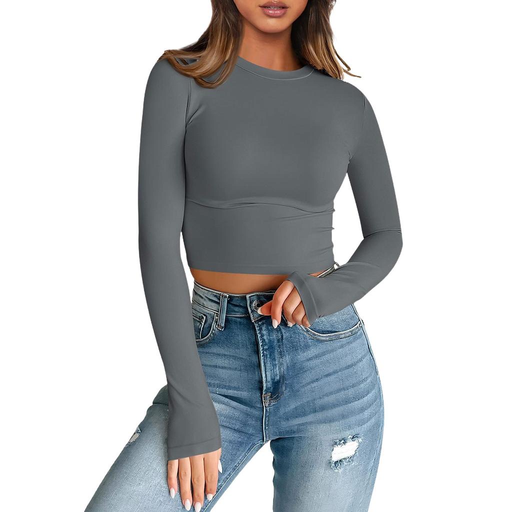 Women's Fashion Neckless T-Shirt Basic Slim Color Long Sleeve Top