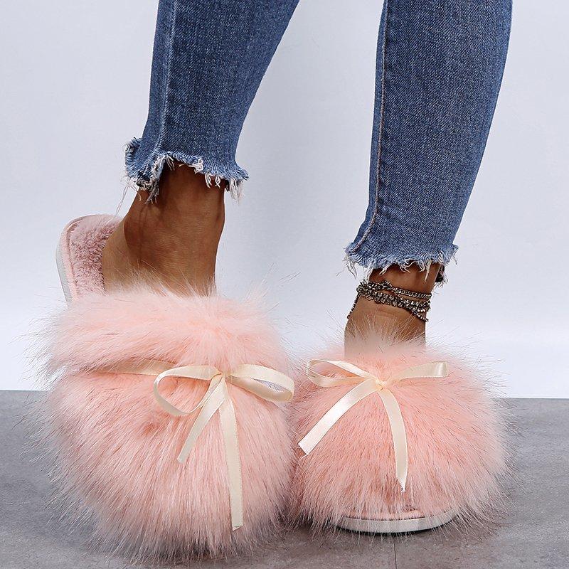 Fashion Sweet Bowknot Mix Color Faux Fur Slides Women 2025 Autumn Warm Short Plush Outdoor Slippers Soft Sole Cotton Mules Slippers