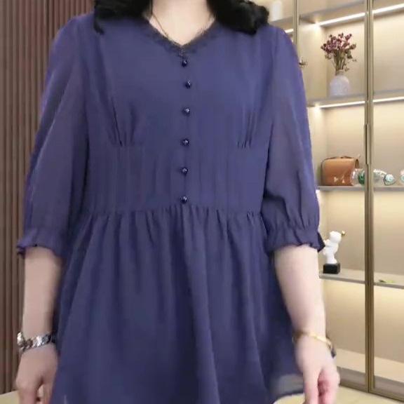 2025 Spring Casual Chiffon A-Line Princess Top - Plus Size Women's Three-Quarter Sleeve Shirt