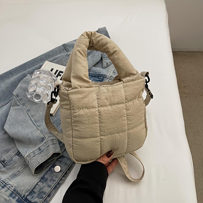 

Autumn Winter Nylon Padded Crossbody Bag for Women, Solid Color Quilted Shoulder Handbag, with Polyester Lining, Zipper Closure бежевый