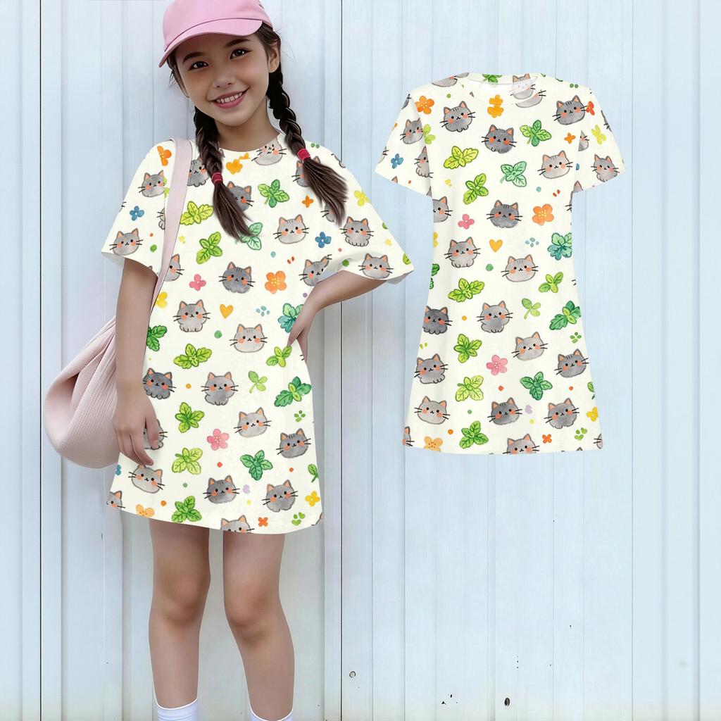 Mädchen lockeres kurzärmeliges Kleid leicht rundhalsig lässiges Kleid mit Tiermotiv bequemes Sommerkleid für Kinder