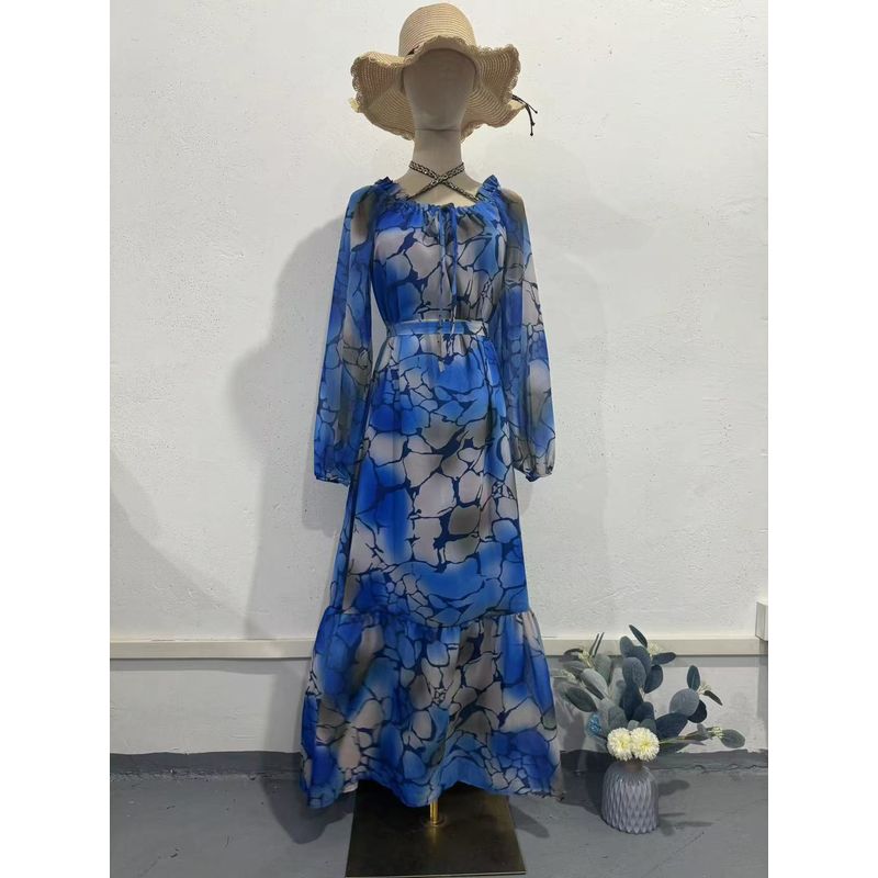 

Fashion New Arrival Print Elegance Silm Square Collar Long Sleeve Dress Printed Square Neck Dress Blue M