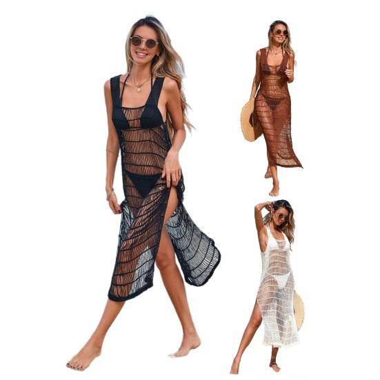 Cover Up Dress Square Collar Sleeveless Side Slit Hem Design Beach Cover Up Dress Quick-Drying Hollow Low-Cut Sexy Swimwear Cover Up