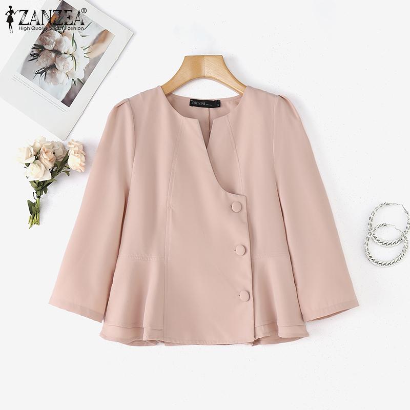 ZANZEA Women Casual Round Neck Summer 3/4 Sleeve Solid Blouse