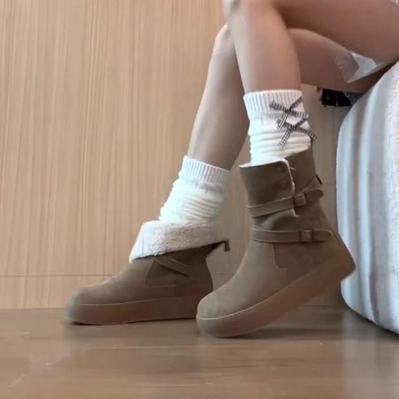 Winter Thick-soled Outer Wear Velvet Snow Boots Women's Belt Buckle Non-slip Two Wear Heightening Western Boots Lightweight Cotton Boots