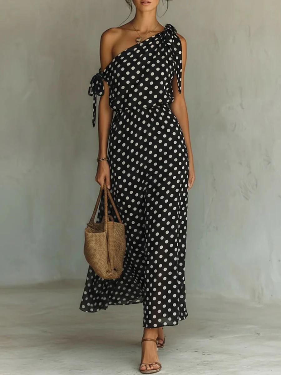 Women One Shoulder Polka Dot Drawstring Tiered Maxi Dress with Bow Tie S