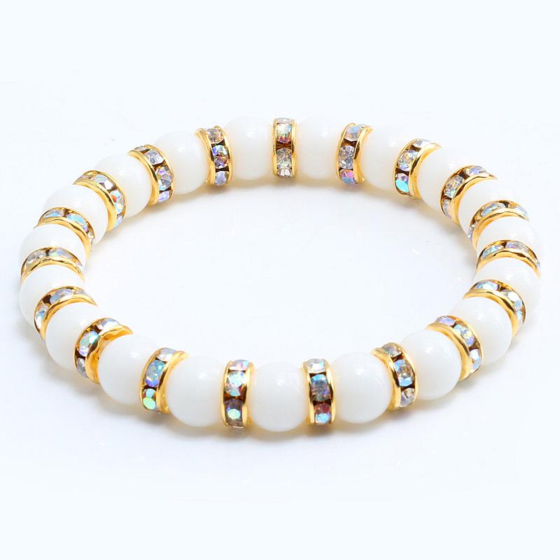 8mm White Porcelain Beads Rhinestone Bracelet: Trendy Unisex Wristband with Hand Rope
